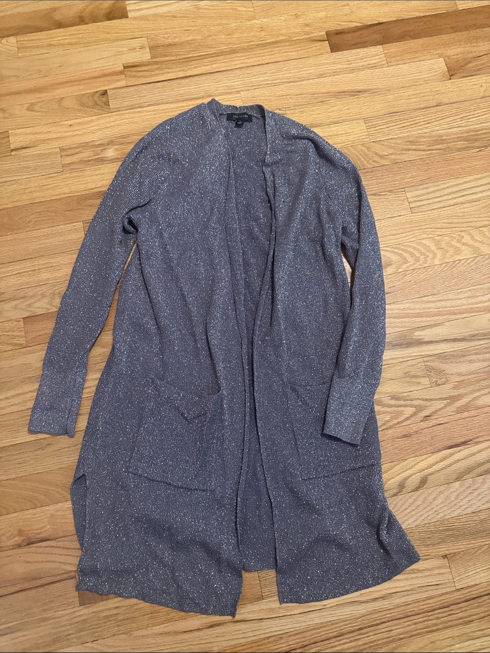 Ann Taylor Long Open-Front Metallic Taupe Cardigan